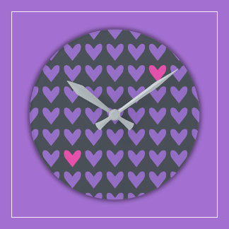 Purple and Hot Pink Hearts with Colourful Stripes Round Clock