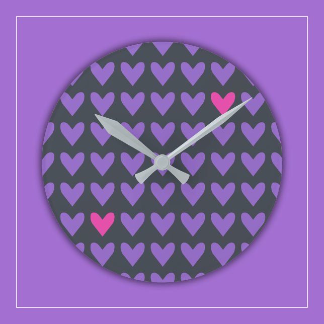 Purple and Hot Pink Hearts with Colourful Stripes Round Clock (Creator Uploaded)