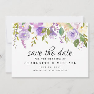 Purple and Ivory Floral Save the Date Card
