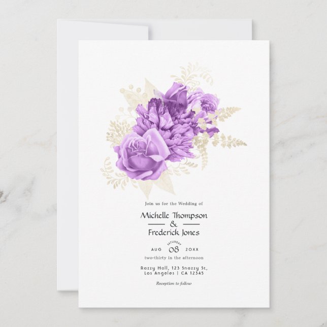 Purple and Ivory Floral Wedding Invitation (Front)