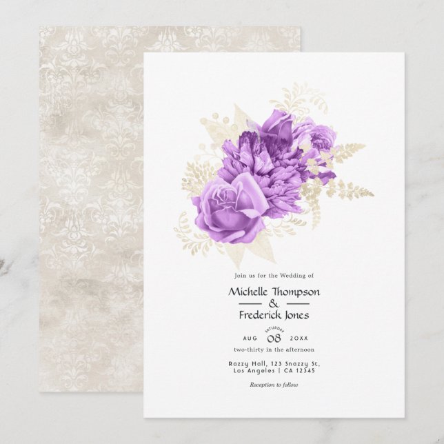 Purple and Ivory Floral Wedding Invitation (Front/Back)