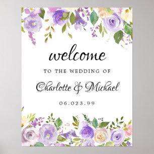 Purple and Ivory Floral Wedding Welcome Sign