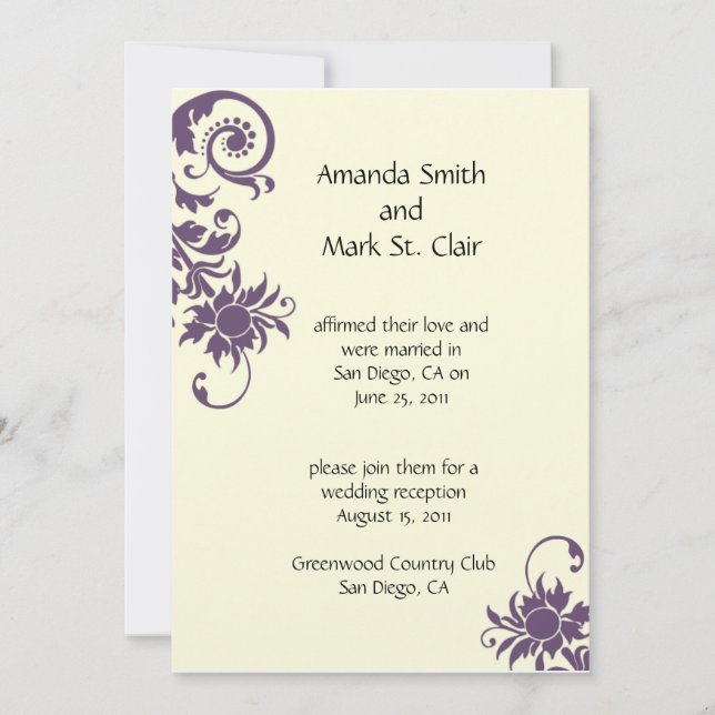 Purple and Ivory Wedding Reception Invitation (Front)