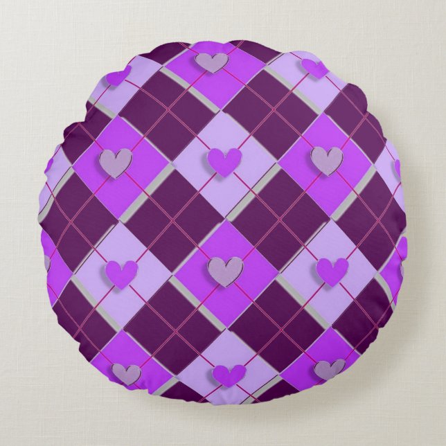 Purple And Lavender Argyle Hearts Round Cushion (Front)