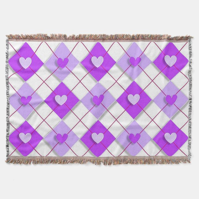 Purple And Lavender Argyle Hearts Throw Blanket (Front)