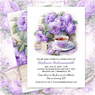 Purple and Lavender Peonies Tea Cup Birthday Party Invitation