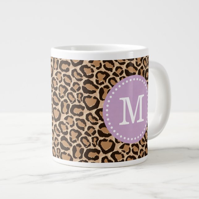 Purple and Leopard Print Custom Monogram Large Coffee Mug (Front Right)