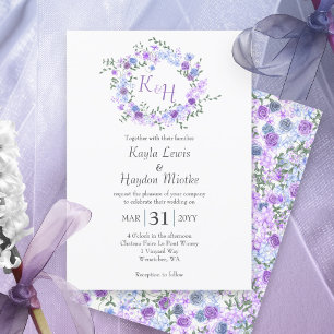 Purple and Light Blue Roses Wedding Wreath Invitation