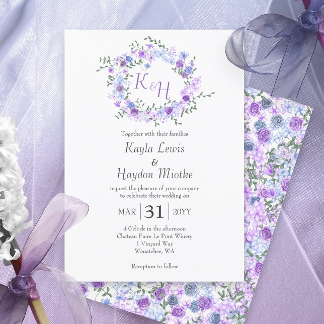 Purple and Light Blue Roses Wedding Wreath Invitation (Purple, light blue, lavender rose wreath botanical rose garden wedding invitations, round roses vine)