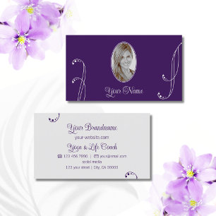 Purple and Light Grey with Portrait Photo Ornate Business Card