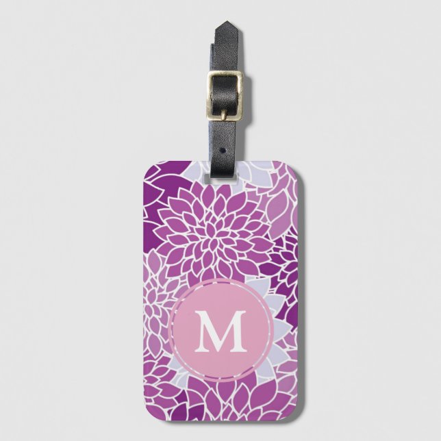 Purple and Lilac Flower Pattern Monogram Luggage Tag (Front Vertical)