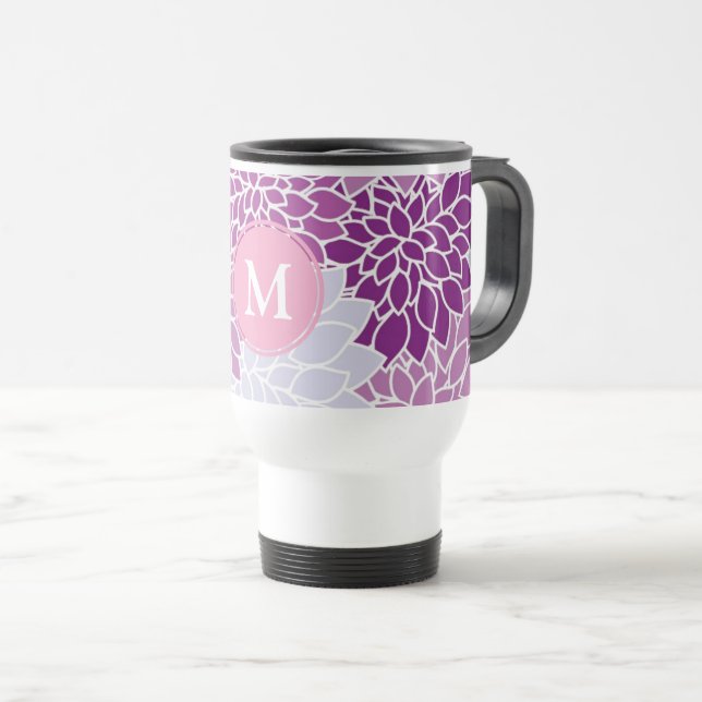 Purple and Lilac Flower Pattern Monogram Travel Mug (Front Right)
