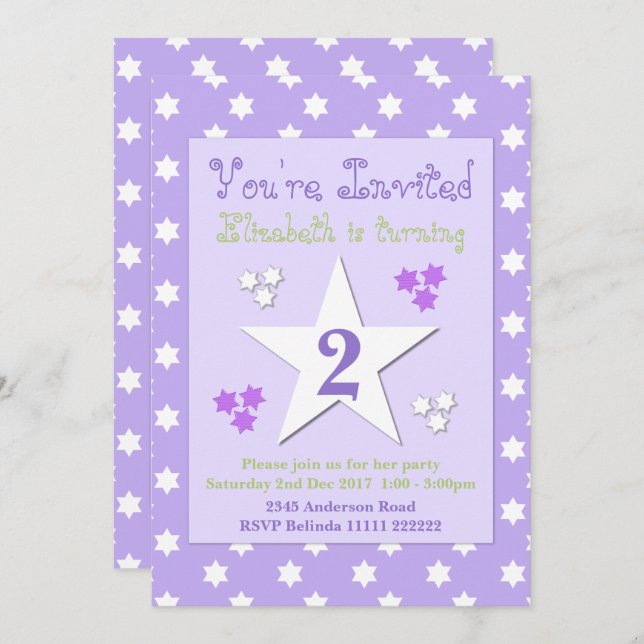 Purple and lilac with stars birthday party invitation (Front/Back)