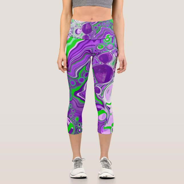 Purple and Lime Green Marble Fluid Art  Capri Leggings (Front)