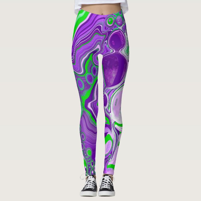 Purple and Lime Green Marble Fluid Art  Leggings (Front)