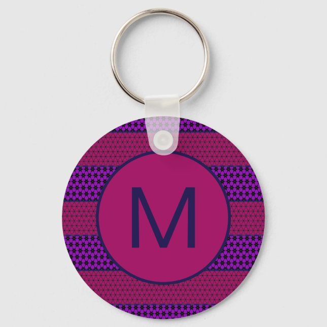 Purple and Magenta Pattern Striped Monogram Key Ring (Front)