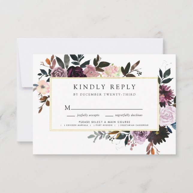Purple and Mauve Pink Floral Autumn Wedding RSVP Card (Front)