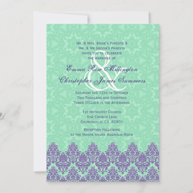Purple and Mint Green Lace Damask Wedding V12 Invitation (Front)
