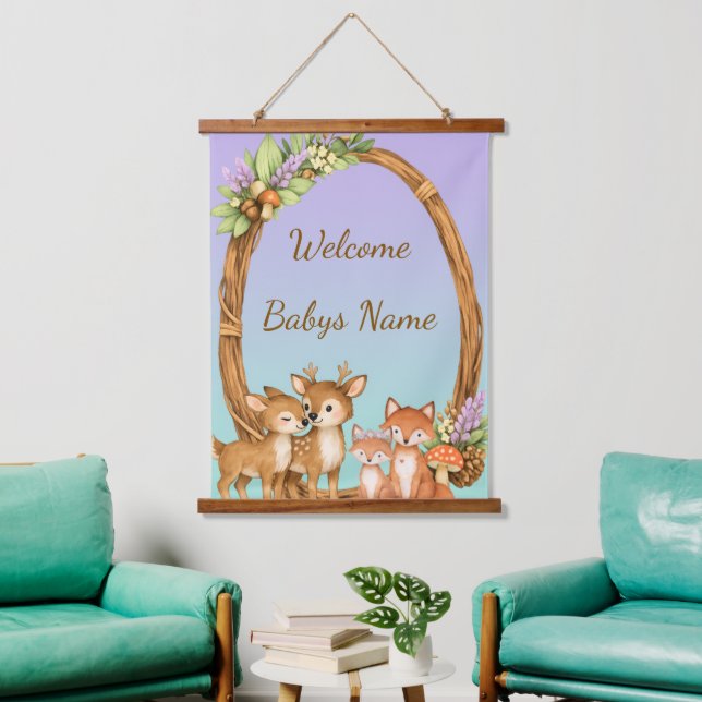 Purple and Mint Woodland Animals Wall Tapestry (Living Room)
