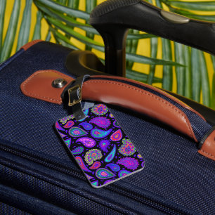 Purple and Multicolor Paisley on Black Beautiful Luggage Tag