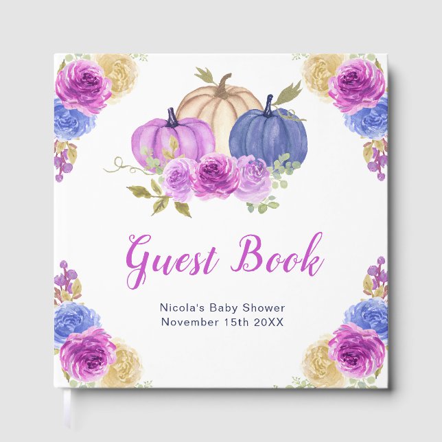Purple and Navy Blue Floral Pumpkins Baby Shower Guest Book (Front)