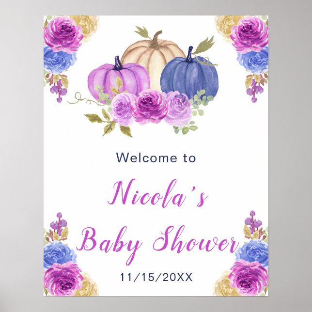 Purple and Navy Blue Floral Pumpkins Baby Shower Poster (Front)
