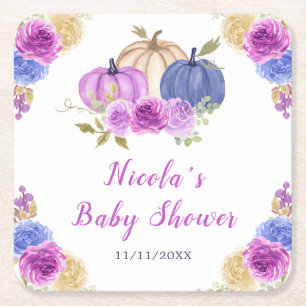 Purple and Navy Blue Floral Pumpkins Baby Shower Square Paper Coaster