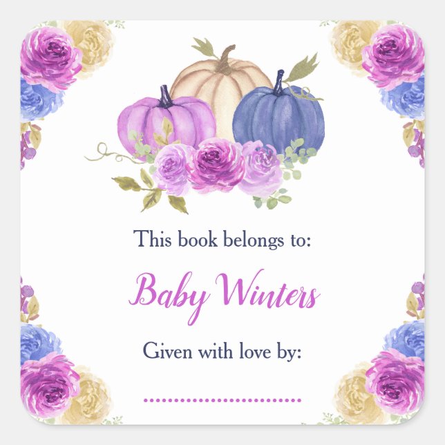 Purple and Navy Blue Floral Pumpkins Baby Shower Square Sticker (Front)