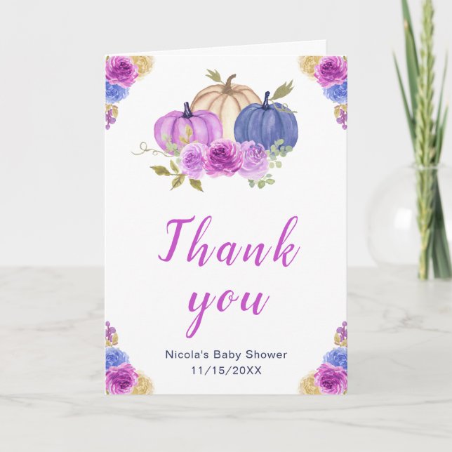 Purple and Navy Blue Floral Pumpkins Baby Shower Thank You Card (Front)