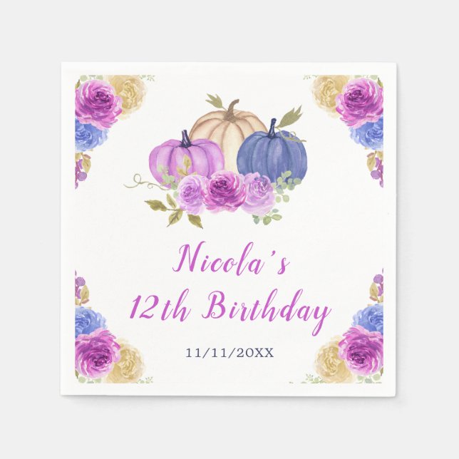 Purple and Navy Blue Floral Pumpkins Birthday Napkin (Front)