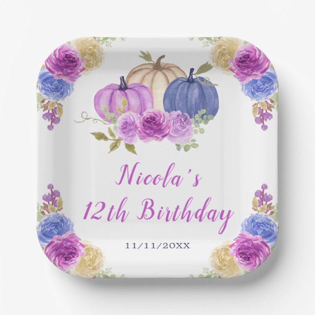 Purple and Navy Blue Floral Pumpkins Birthday Paper Plate (Front)