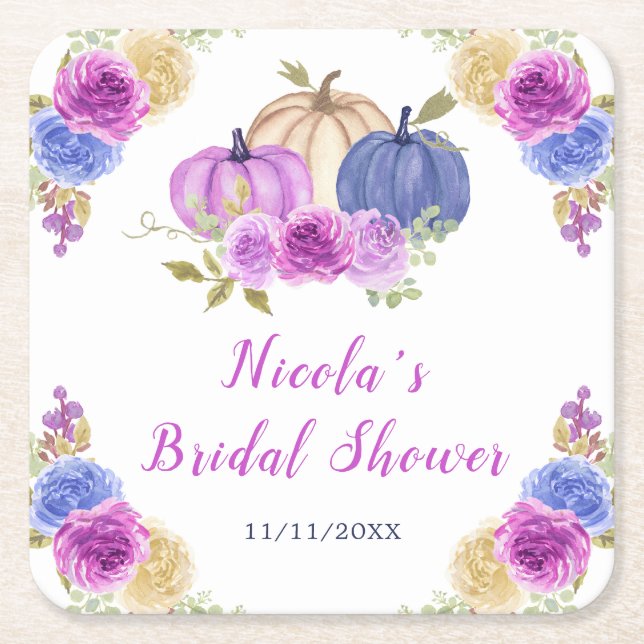 Purple and Navy Blue Floral Pumpkins Bridal Shower Square Paper Coaster (Front)