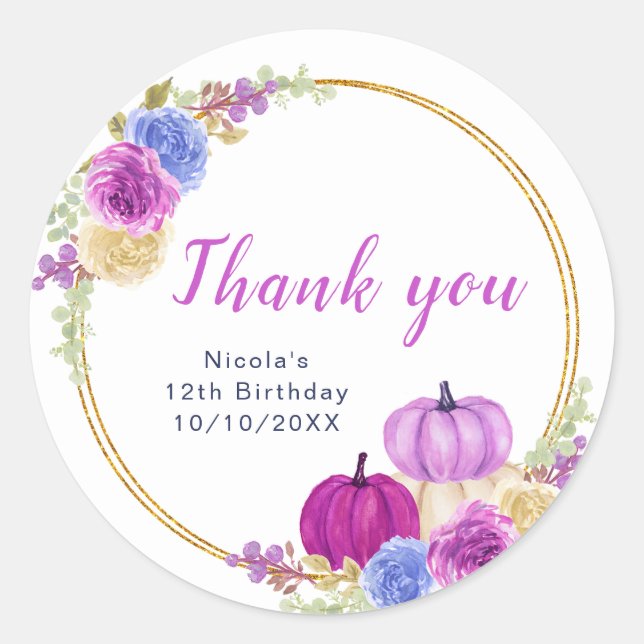 Purple and Navy Pumpkins Birthday Thank You Classic Round Sticker (Front)