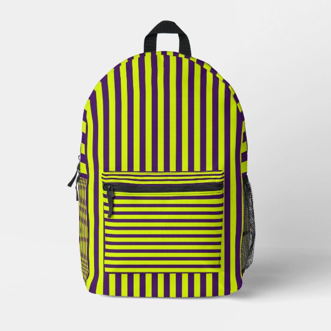Purple and Neon Yellow Cool Striped Printed Backpack (Front)