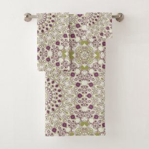 Purple and Olive Geometric Mandala Pattern Bath Towel Set