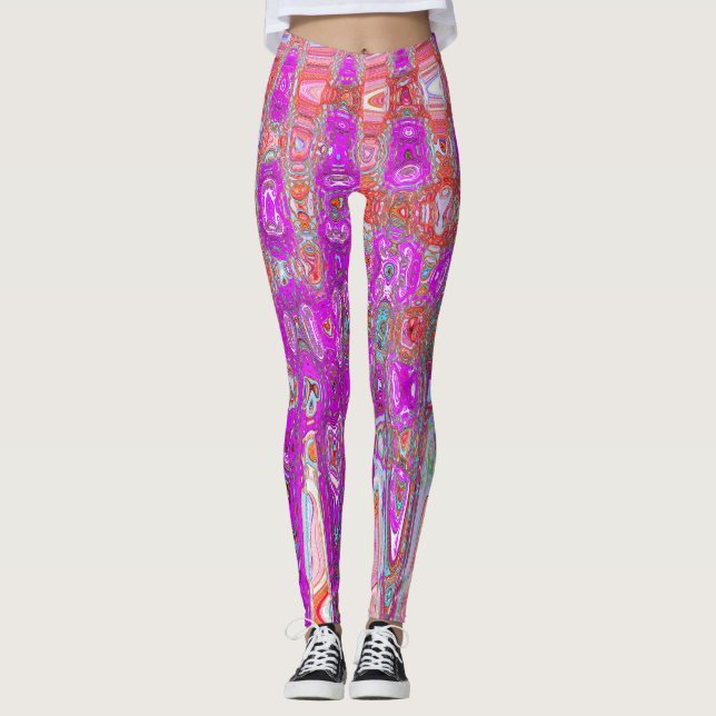 Purple and Orange Abstract Retro Atomic Waves Leggings (Front)