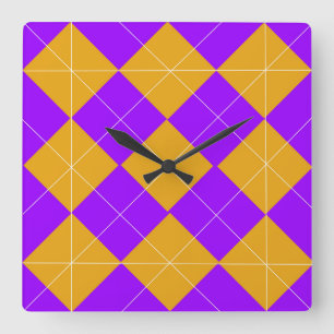 Purple and Orange Argyle Square Wall Clock