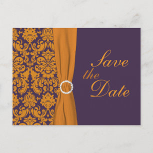 Purple and Orange Damask Save the Date Card