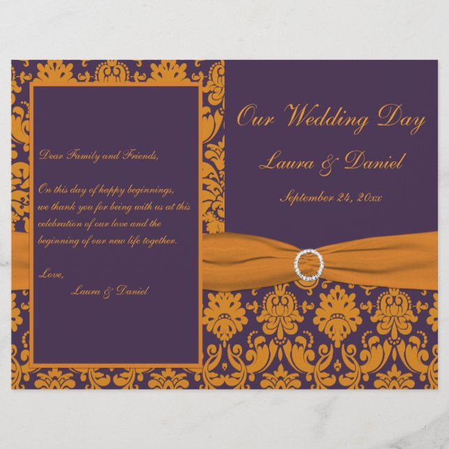 Purple and Orange Damask Wedding Program (Front)