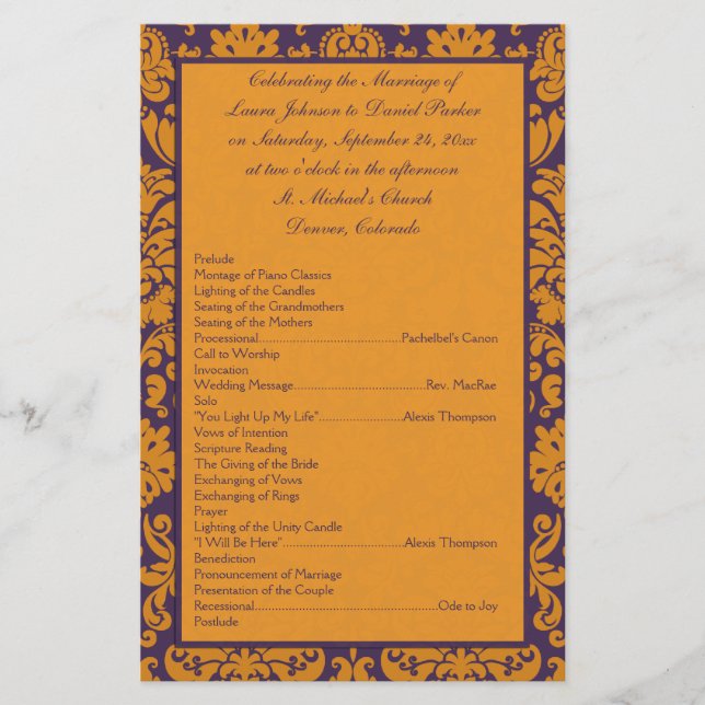 Purple and Orange Damask Wedding Program II (Front)