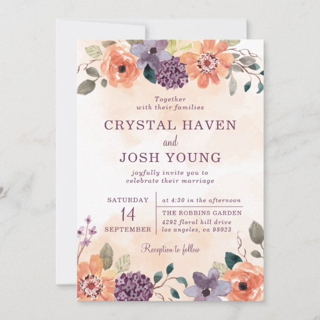 Purple and Orange Fall Floral Autumn Wedding Invitation (Front)