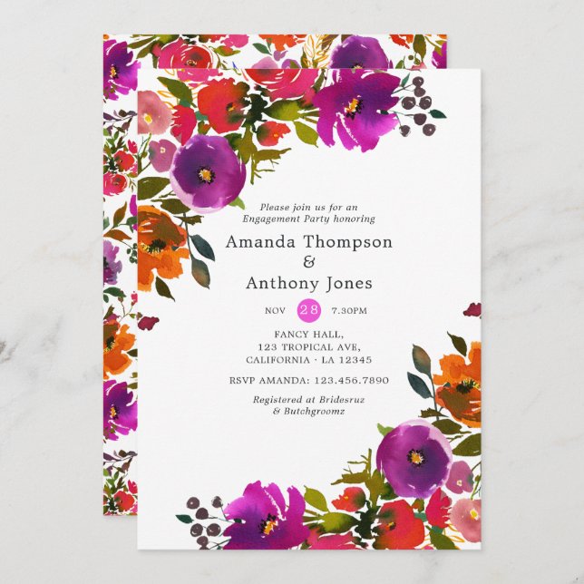Purple and Orange Floral Engagement Party Invitation (Front/Back)