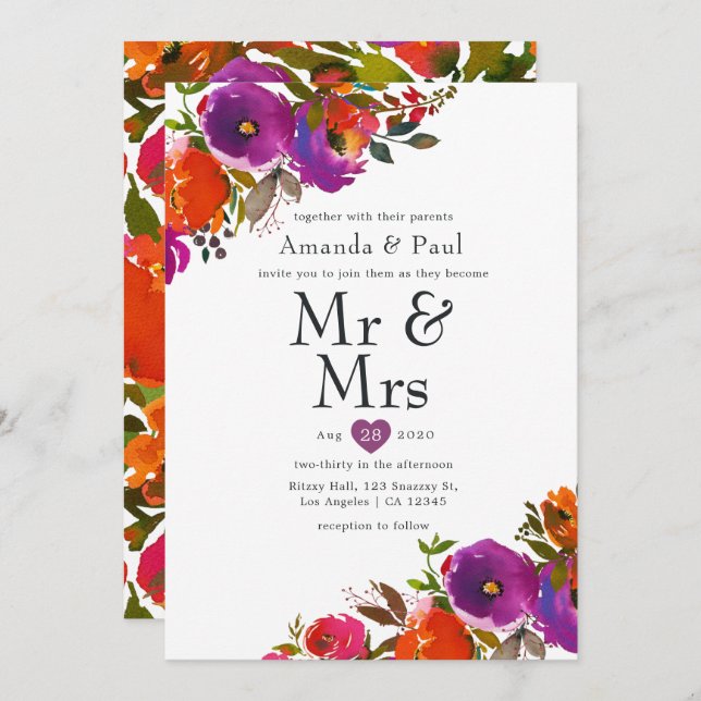 Purple and Orange Floral Mr and Mrs Wedding Invitation (Front/Back)