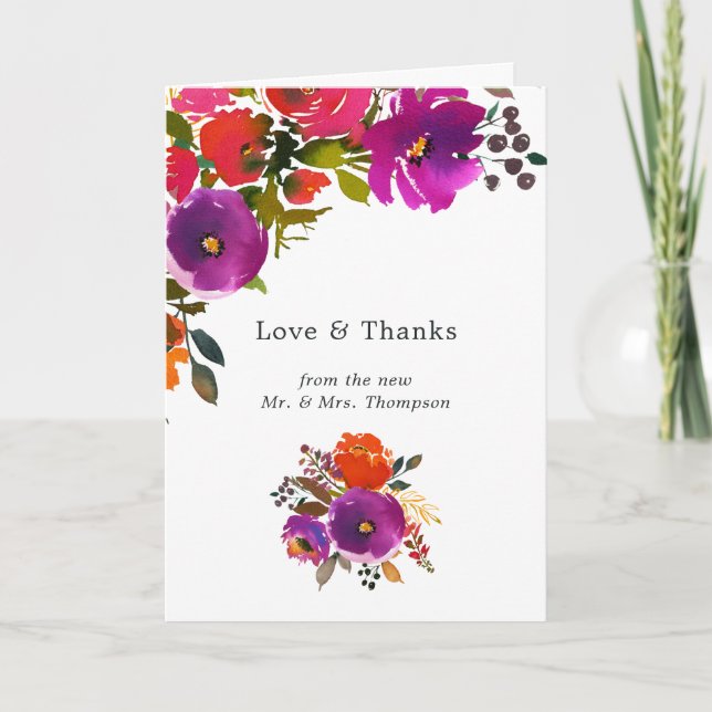 Purple and Orange Floral Wedding Photo Thank You Card (Front)