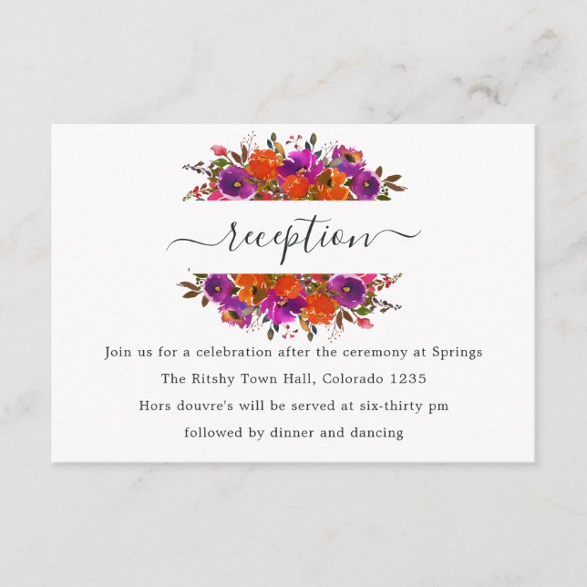 Purple and Orange Floral Wedding Reception Enclosure Card (Front)