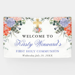 Purple and Orange Flowers 1st Holy Communion Banner