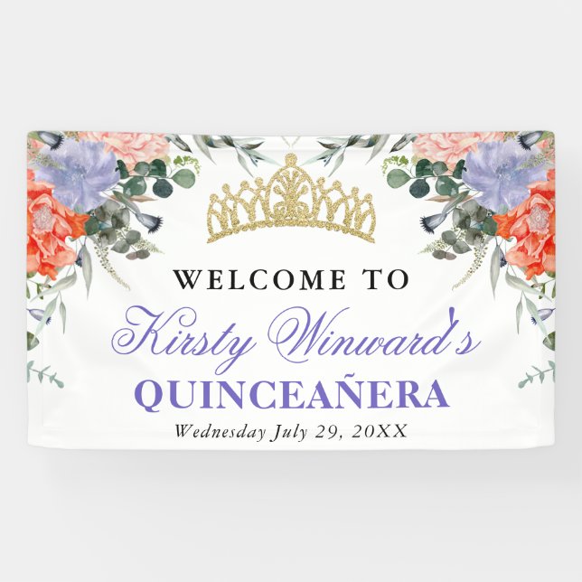 Purple and Orange Flowers Quinceanera Banner (Horizontal)
