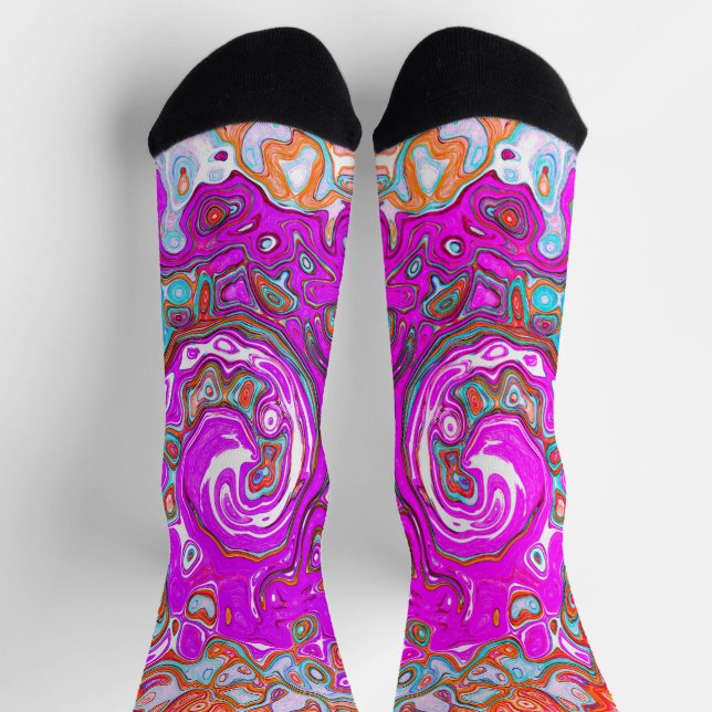 Purple and Orange Groovy Abstract Retro Swirl Socks (Top)