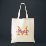 Purple and orange monogram wedding tote bags<br><div class="desc">Purple and orange wedding tote bag with personalised monogram. Vintage chic style monogrammed design. Customise for brides entourage; bridesmaids, flower girls, maid of honour, mother of the bride, mother of the groom, team bride, guests etc. Elegant script typography for name. Rustic name initial. Also nice for girls weekend bachelorette or...</div>