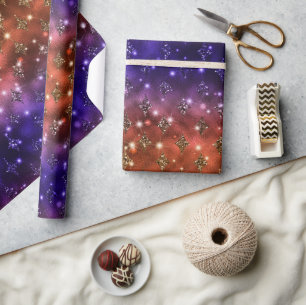 Purple and Orange Ombre Glitter Celestial Pattern Wrapping Paper